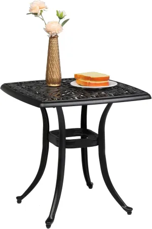VINGLI Cast Aluminum Outdoor Side Table with Umbrella Hole, All Weather Round Patio Bistro Table (Black)