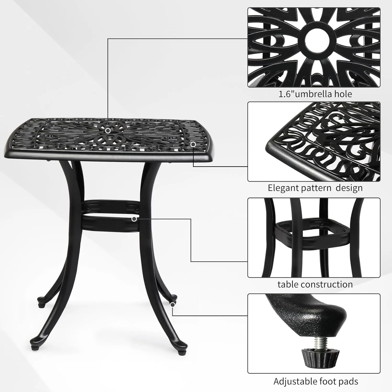 VINGLI Cast Aluminum Outdoor Side Table with Umbrella Hole, All Weather Round Patio Bistro Table (Black)