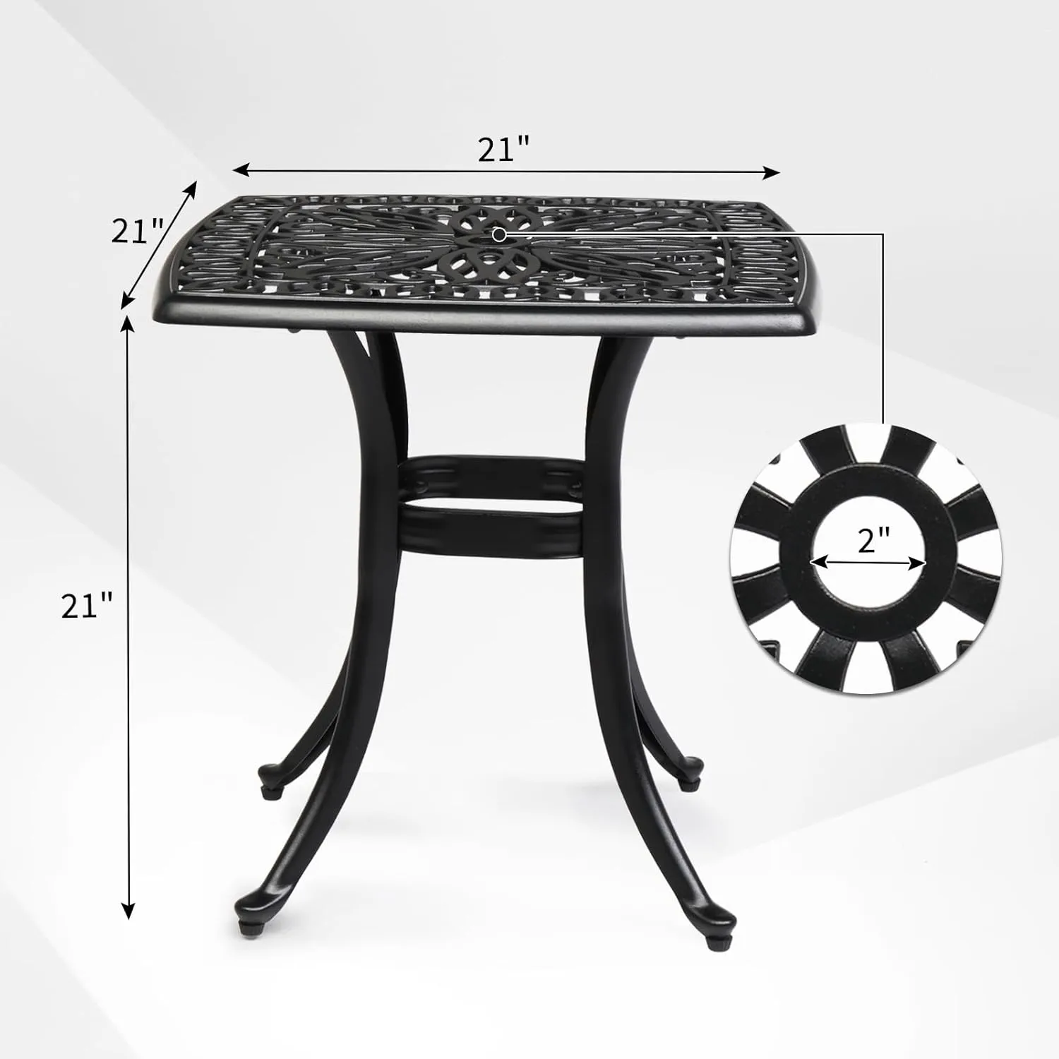 VINGLI Cast Aluminum Outdoor Side Table with Umbrella Hole, All Weather Round Patio Bistro Table (Black)
