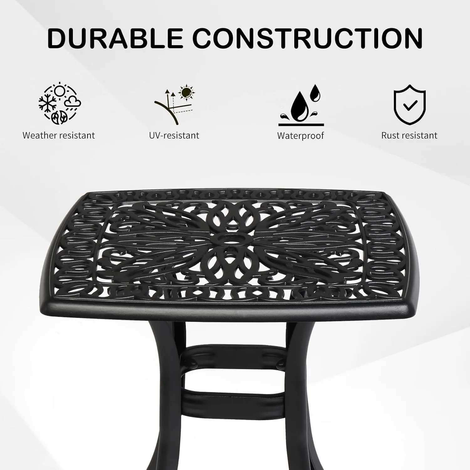VINGLI Cast Aluminum Outdoor Side Table with Umbrella Hole, All Weather Round Patio Bistro Table (Black)