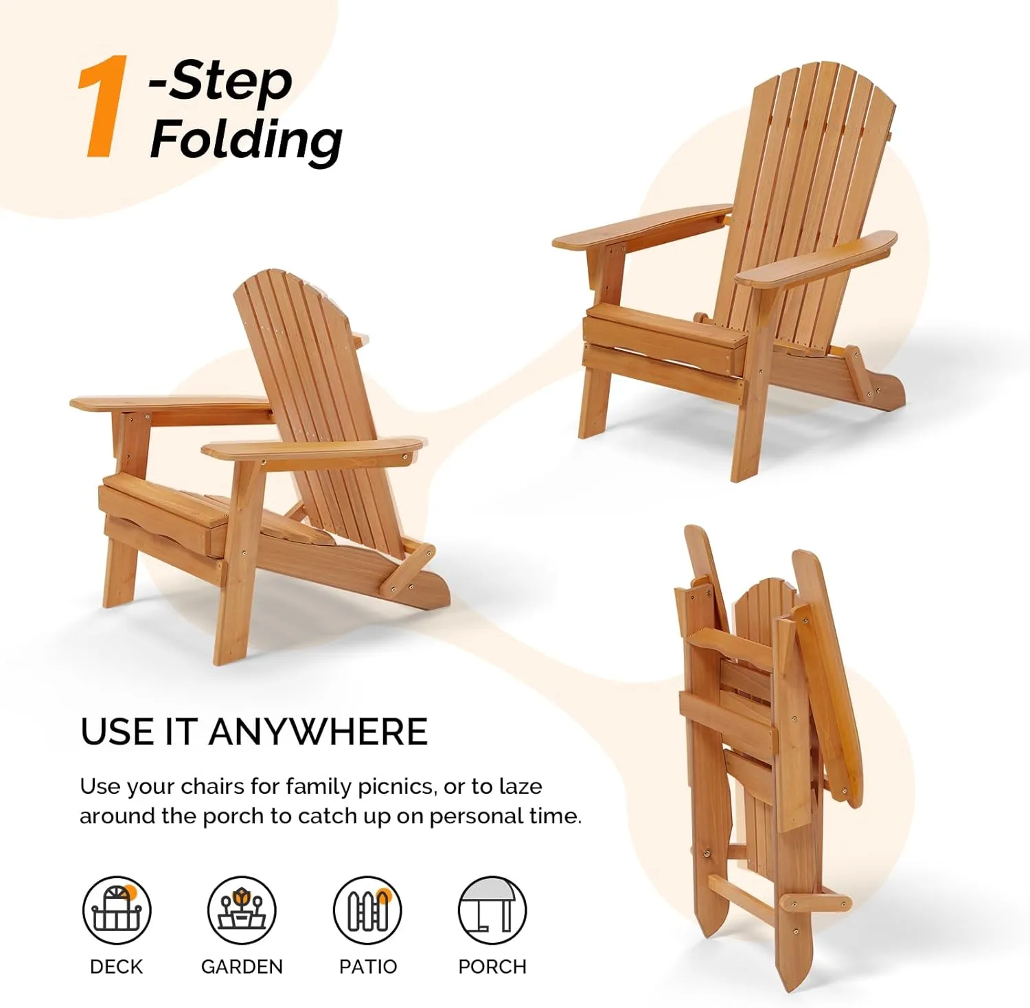 VINGLI Folding Adirondack Chair, Wood Adirondack Chairs for Outdoor, Foldable Fire Pit Chairs for Patio, BBQ, Porch, Yard, Pool