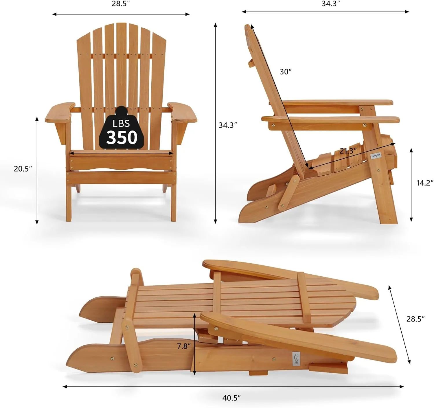 VINGLI Folding Adirondack Chair, Wood Adirondack Chairs for Outdoor, Foldable Fire Pit Chairs for Patio, BBQ, Porch, Yard, Pool