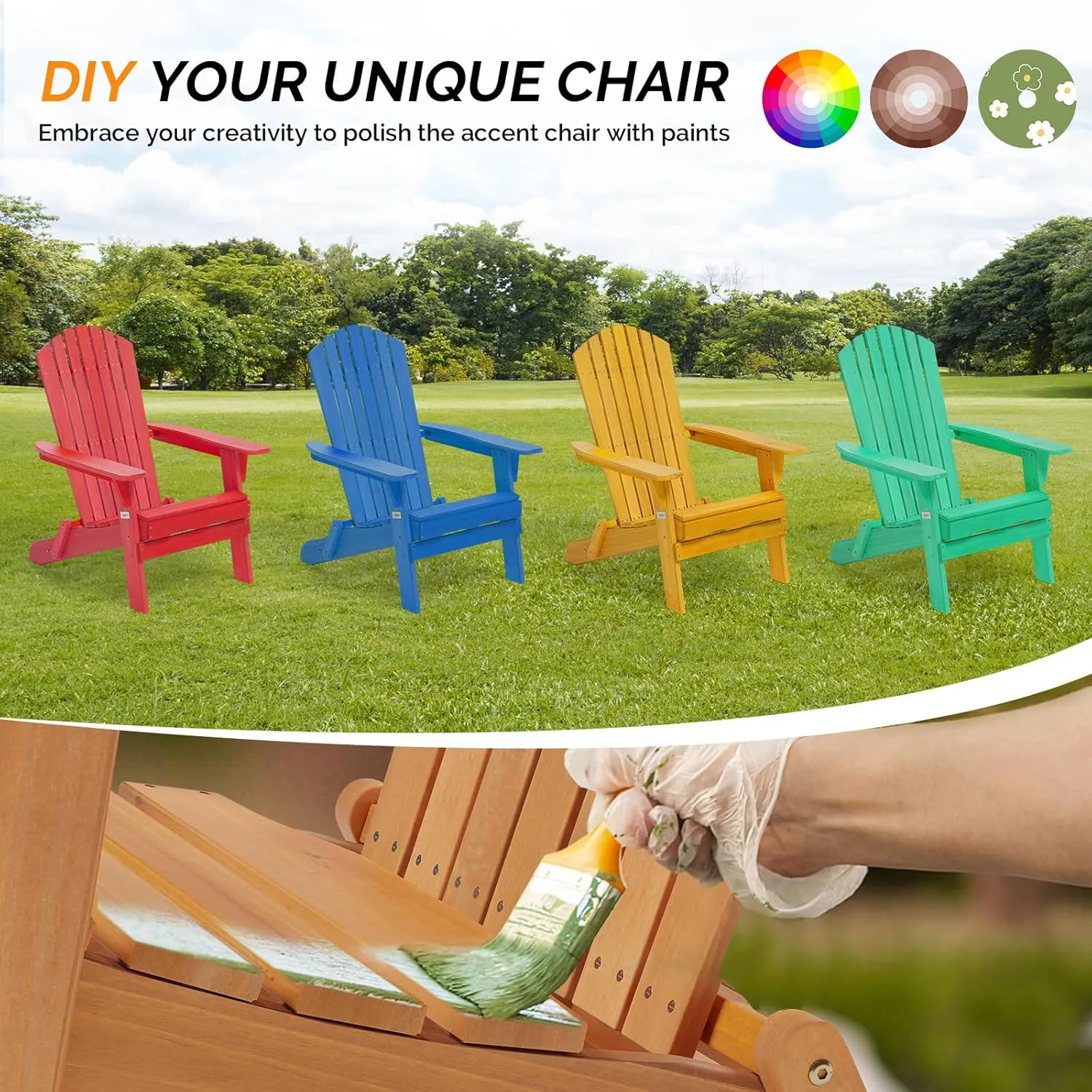 VINGLI Folding Adirondack Chair, Wood Adirondack Chairs for Outdoor, Foldable Fire Pit Chairs for Patio, BBQ, Porch, Yard, Pool
