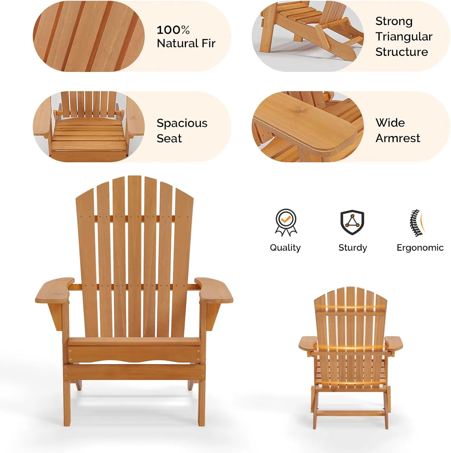 VINGLI Folding Adirondack Chair, Wood Adirondack Chairs for Outdoor, Foldable Fire Pit Chairs for Patio, BBQ, Porch, Yard, Pool