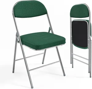 VINGLI Folding Chairs with Padded Seat & Backrest, Metal Frame, Durable Corduroy Fabric, 350 lbs Capacity, Set of 2, Olive Green – Ideal for Weddings, Parties, Office Events