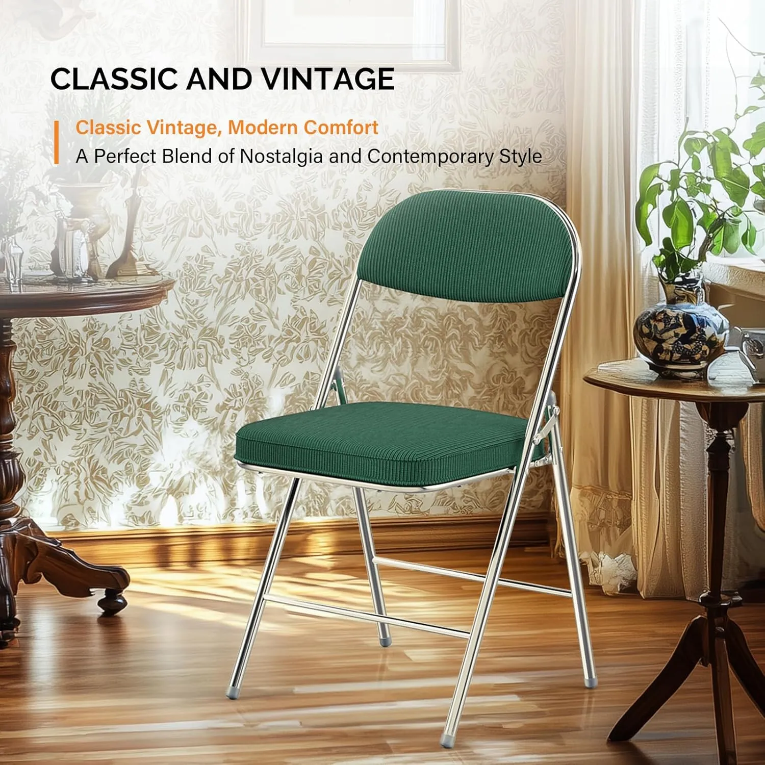 VINGLI Folding Chairs with Padded Seat & Backrest, Metal Frame, Durable Corduroy Fabric, 350 lbs Capacity, Set of 2, Olive Green – Ideal for Weddings, Parties, Office Events