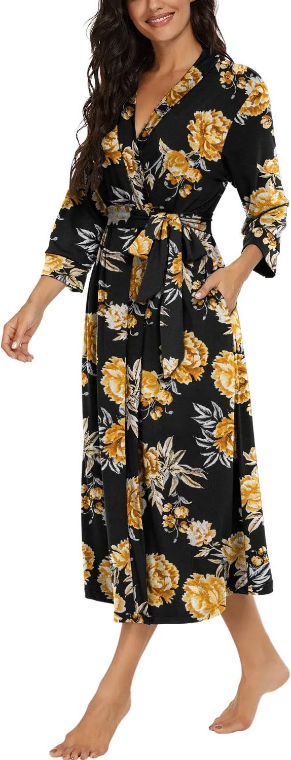 VINTATRE Women Kimono Robes Long Knit Bathrobe Lightweight Soft Knit Sleepwear V-neck Casual Ladies Loungewear