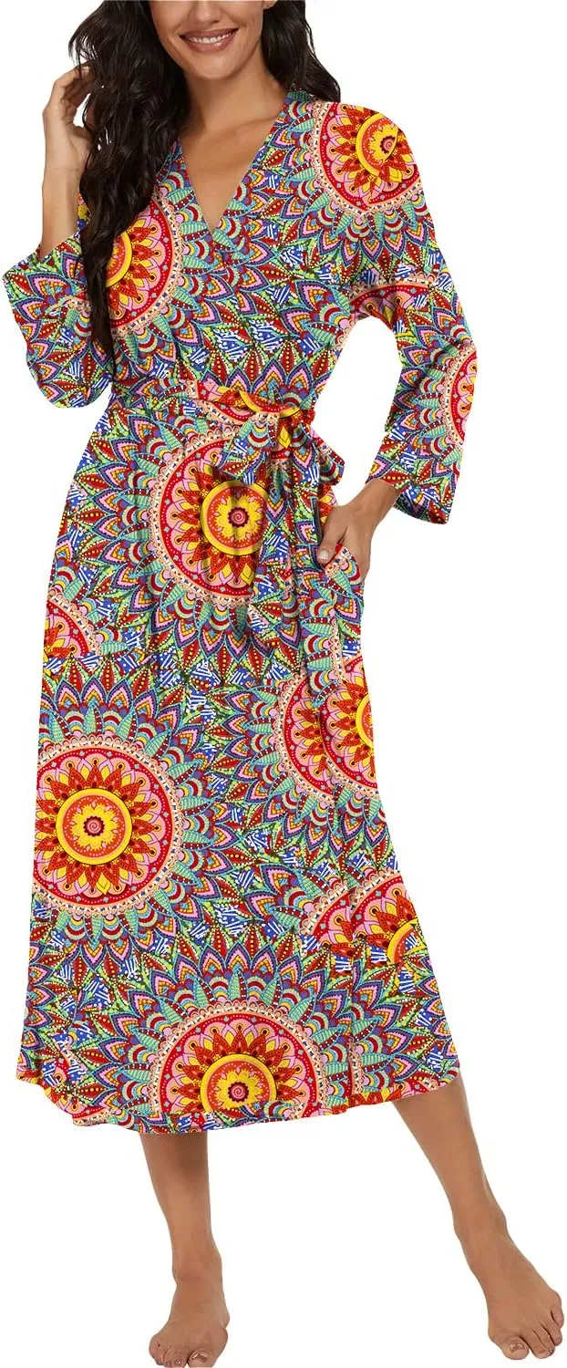 VINTATRE Women Kimono Robes Long Knit Bathrobe Lightweight Soft Knit Sleepwear V-neck Casual Ladies Loungewear