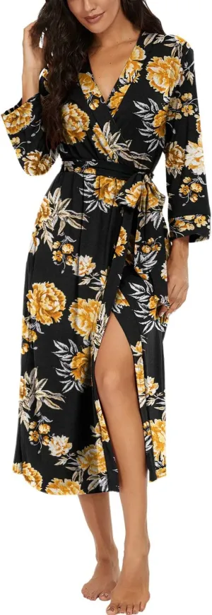 VINTATRE Women Kimono Robes Long Knit Bathrobe Lightweight Soft Knit Sleepwear V-neck Casual Ladies Loungewear