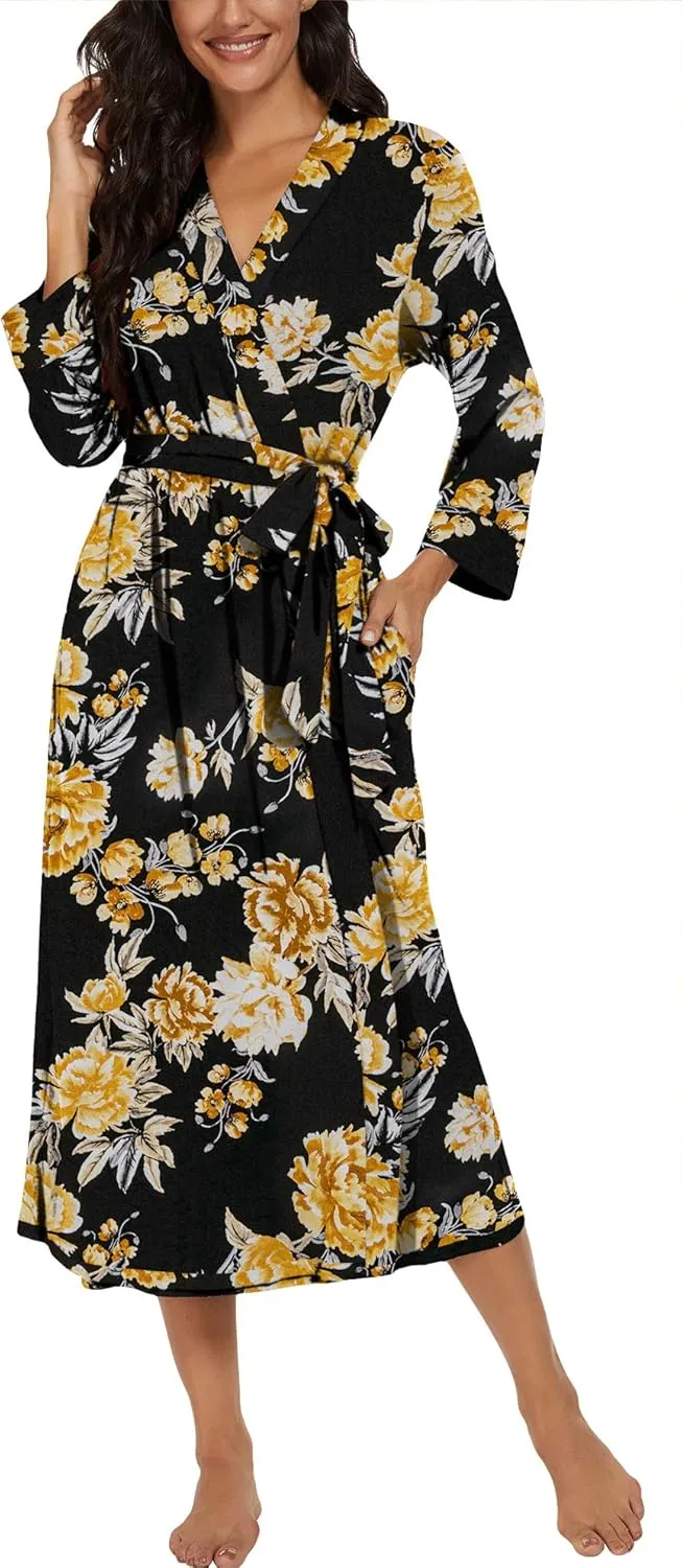 VINTATRE Women Kimono Robes Long Knit Bathrobe Lightweight Soft Knit Sleepwear V-neck Casual Ladies Loungewear
