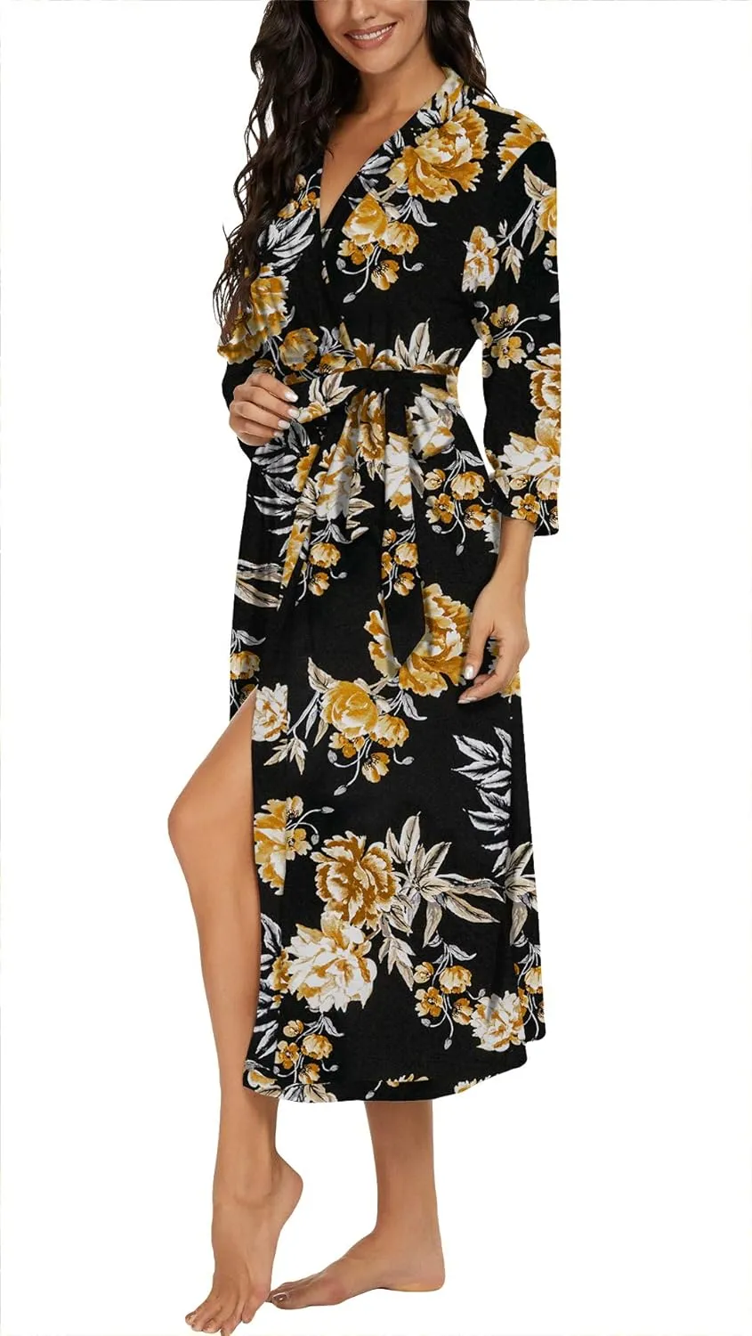 VINTATRE Women Kimono Robes Long Knit Bathrobe Lightweight Soft Knit Sleepwear V-neck Casual Ladies Loungewear