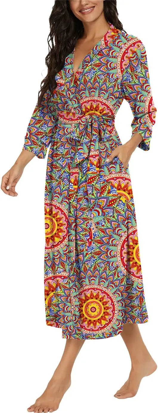 VINTATRE Women Kimono Robes Long Knit Bathrobe Lightweight Soft Knit Sleepwear V-neck Casual Ladies Loungewear