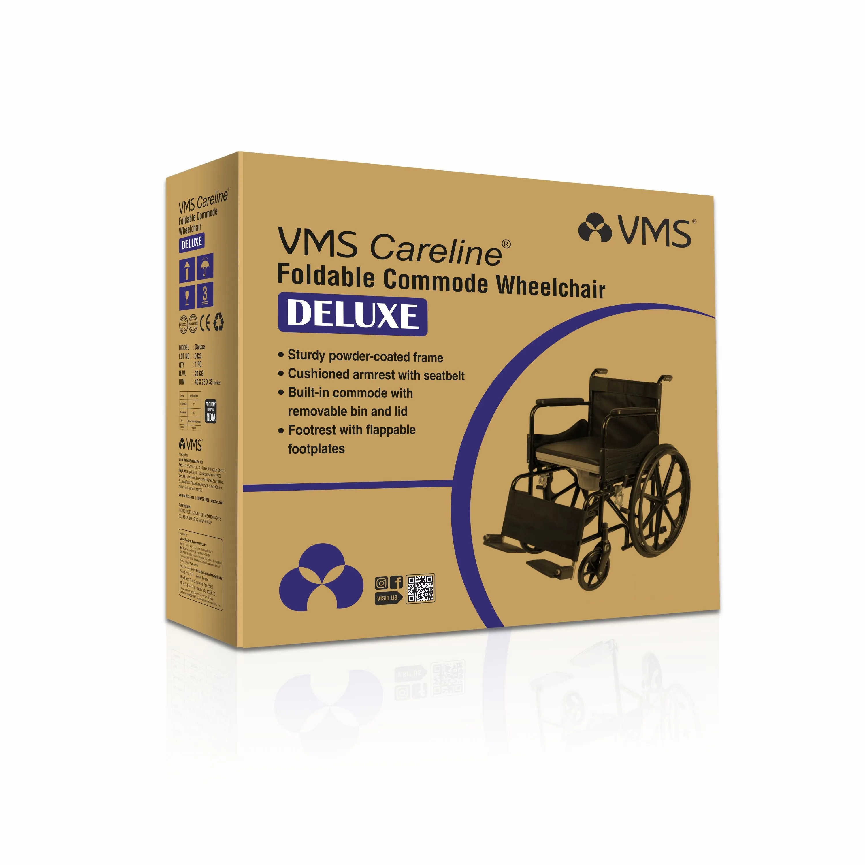 VMS Careline Foldable Commode Wheelchair DELUXE
