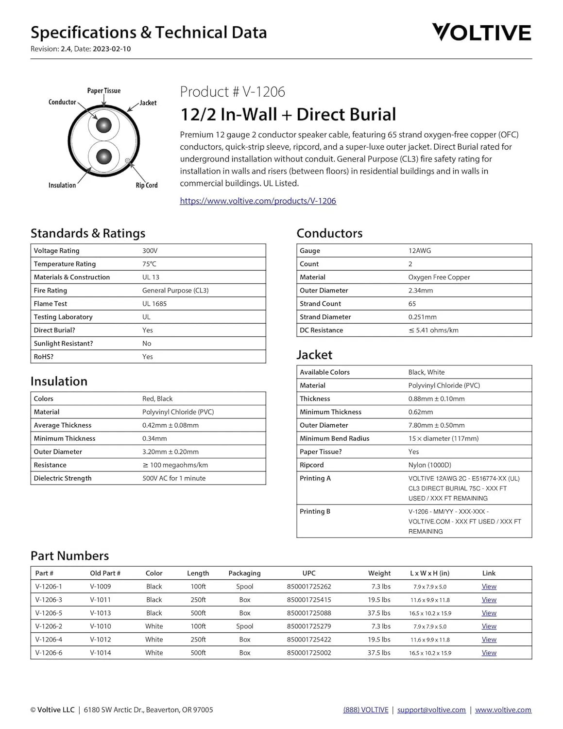 Voltive 12/2 Speaker Wire - 12 AWG/Gauge 2 Conductor - UL Listed in Wall (CL2/CL3) and Outdoor/In Ground (Direct Burial) Rated - Oxygen-Free Copper (OFC) - 500 Foot Bulk Cable Pull Box - White