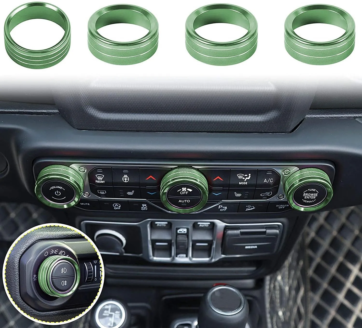 Voodonala Air Conditioner Headlight Center Consoles Switch Knob Cover Trim for 2018-2025  Jeep Wrangler JL JLU Gladiator JT 4xe Interior Accessories,Green Aluminum Alloy 4pcs