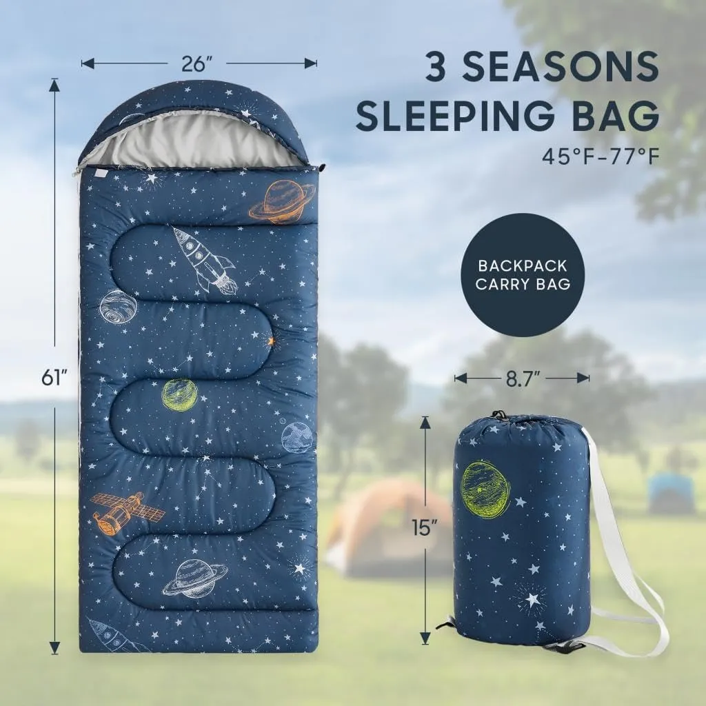 Wake In Cloud - Kids Sleeping Bag for Boys Toddlers, Camping in Warm Cold Weather, Backpacking Lightweight Compact Outdoor Liner for 3 Seasons Summer Spring Fall