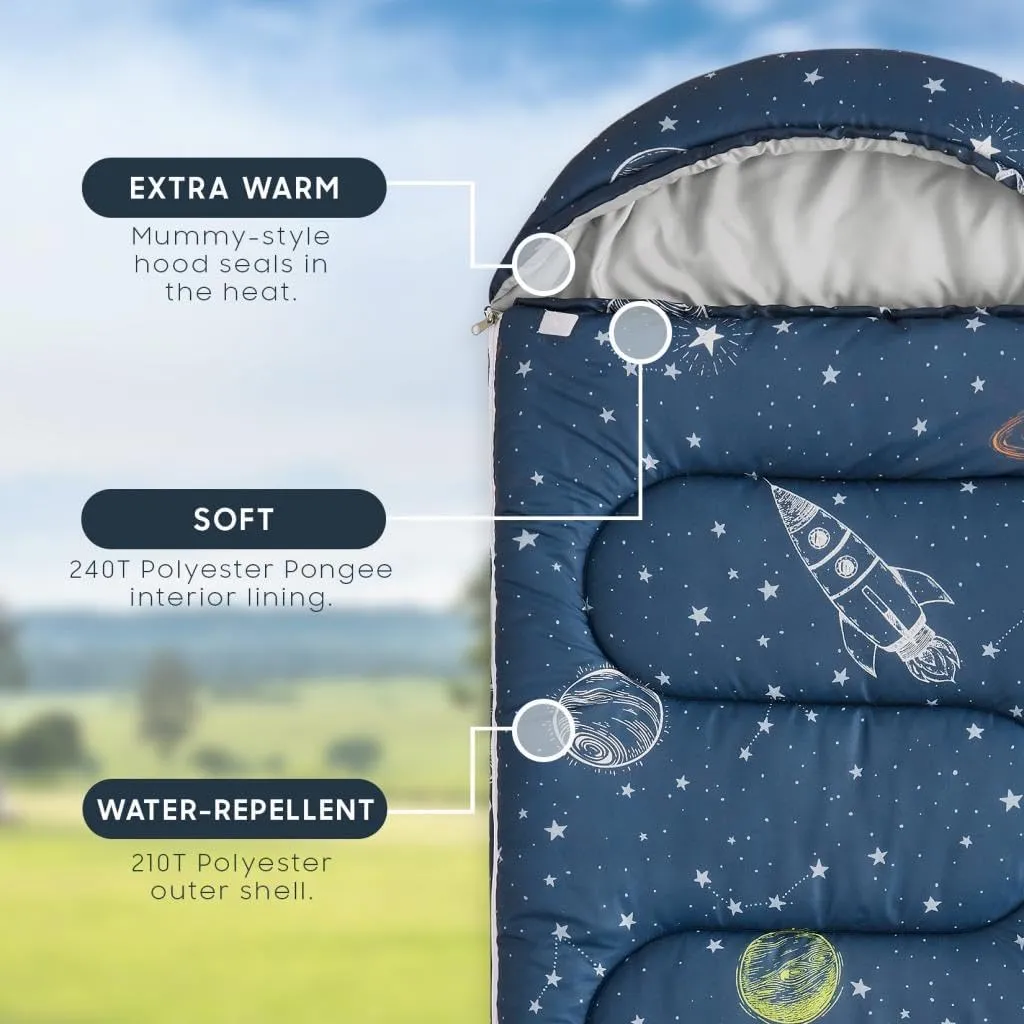 Wake In Cloud - Kids Sleeping Bag for Boys Toddlers, Camping in Warm Cold Weather, Backpacking Lightweight Compact Outdoor Liner for 3 Seasons Summer Spring Fall