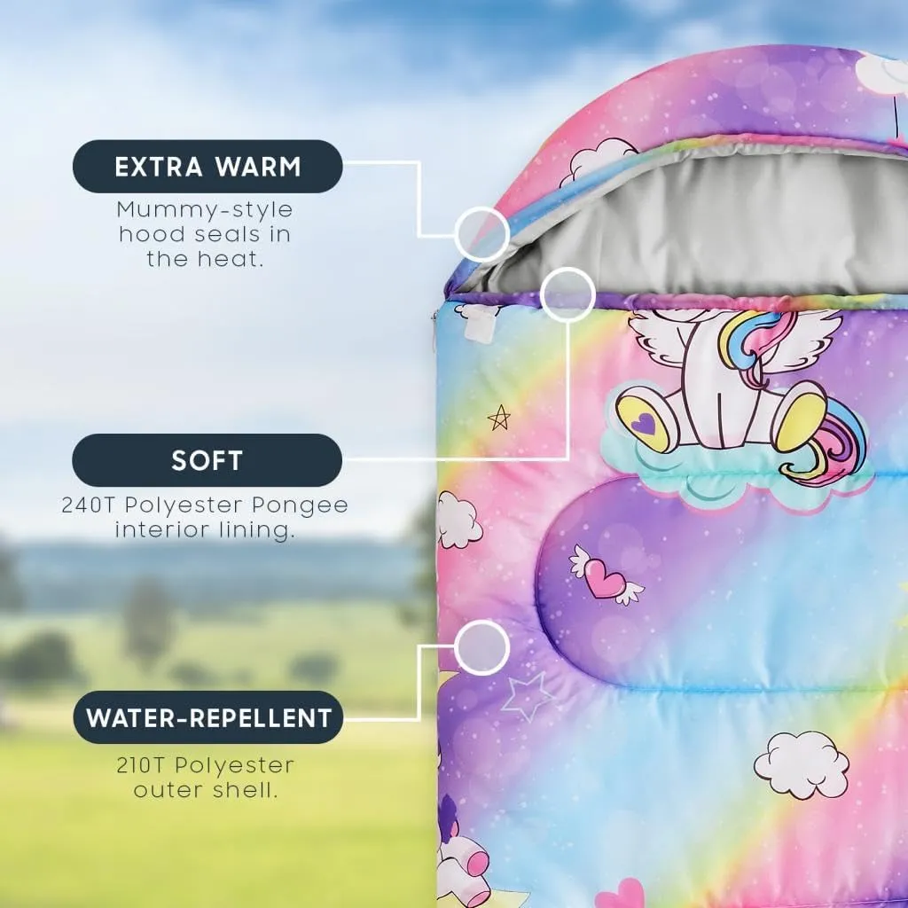 Wake In Cloud - Kids Sleeping Bag for Girls Toddlers, Camping in Warm Cold Weather, Backpacking Lightweight Compact Outdoor Liner for 3 Seasons Summer Spring Fall