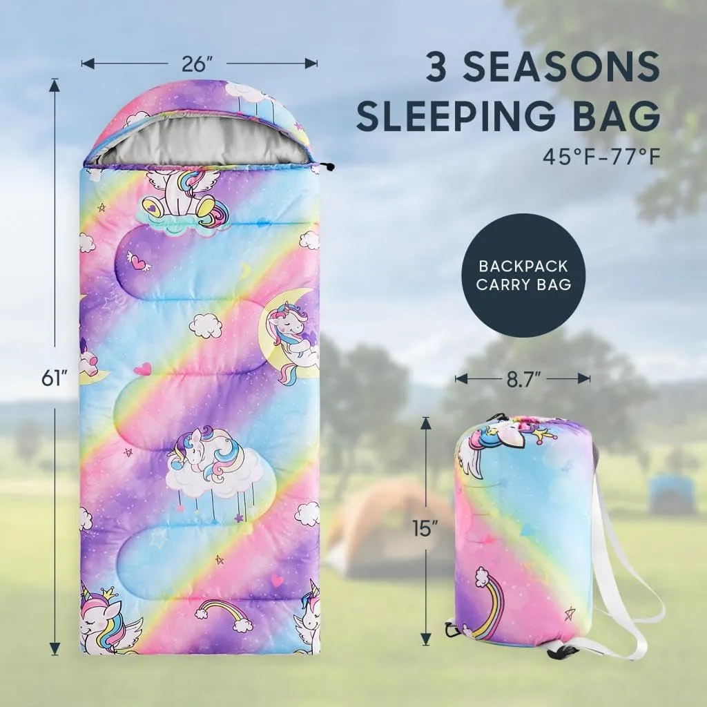 Wake In Cloud - Kids Sleeping Bag for Girls Toddlers, Camping in Warm Cold Weather, Backpacking Lightweight Compact Outdoor Liner for 3 Seasons Summer Spring Fall
