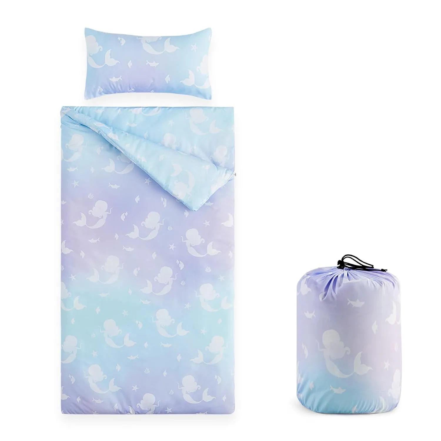 Wake In Cloud - Sleeping Bag for Kids Toddlers, Portable Compact Lightweight Backpacking Nap Mat with Pillow and Blanket, for Girls, Mermaids on Purple Blue, 55" x 30"