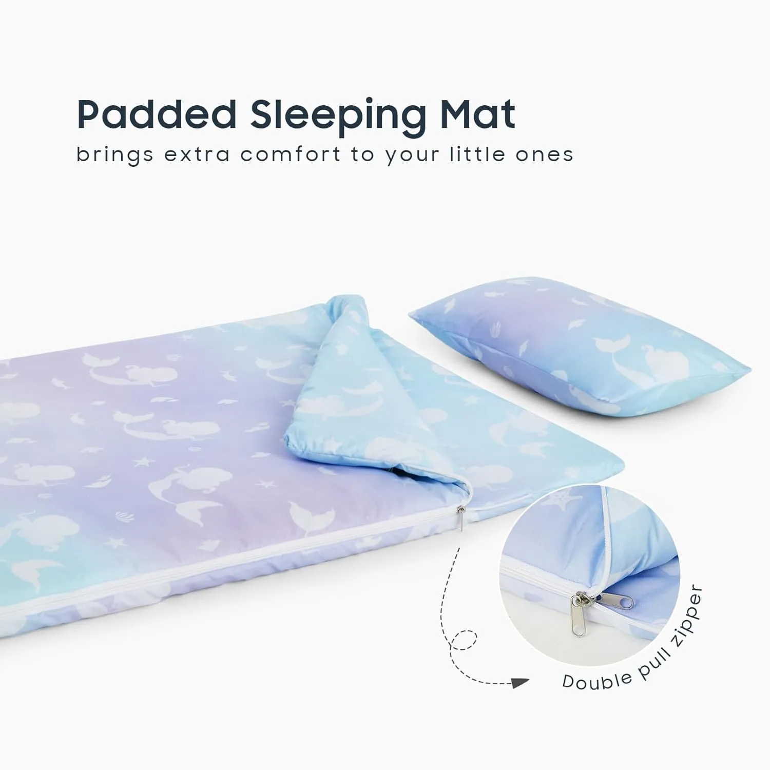 Wake In Cloud - Sleeping Bag for Kids Toddlers, Portable Compact Lightweight Backpacking Nap Mat with Pillow and Blanket, for Girls, Mermaids on Purple Blue, 55" x 30"