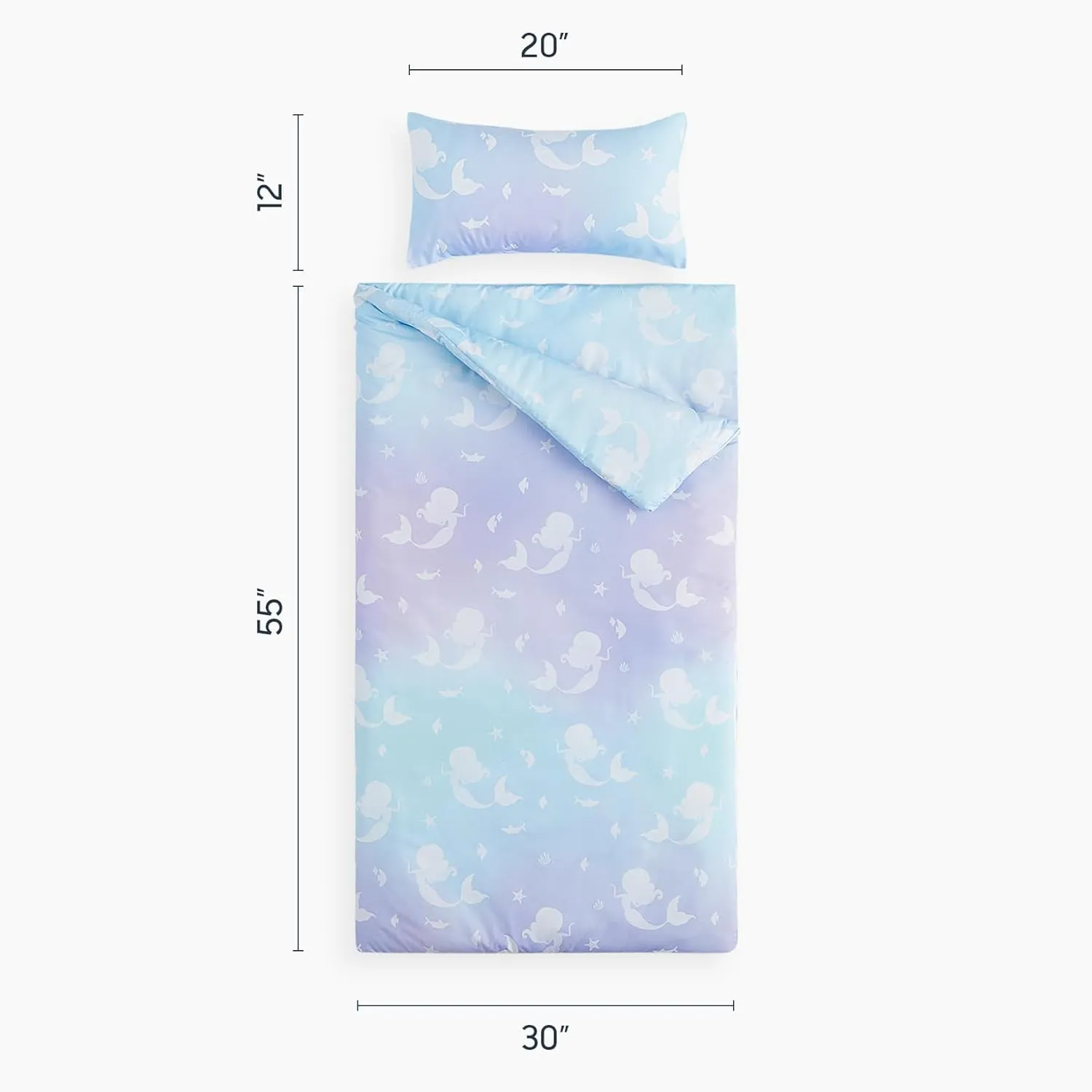 Wake In Cloud - Sleeping Bag for Kids Toddlers, Portable Compact Lightweight Backpacking Nap Mat with Pillow and Blanket, for Girls, Mermaids on Purple Blue, 55" x 30"