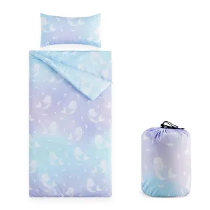 Wake In Cloud - Sleeping Bag for Kids Toddlers, Portable Compact Lightweight Backpacking Nap Mat with Pillow and Blanket, for Girls, Mermaids on Purple Blue, 55" x 30"