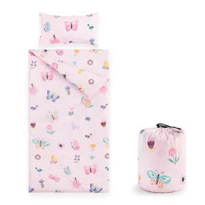Wake In Cloud - Sleeping Bag for Kids Toddlers, Portable Compact Lightweight Backpacking Nap Mat with Pillow and Blanket, for Girls, Pink with Butterfly Flowers, 55" x 30"