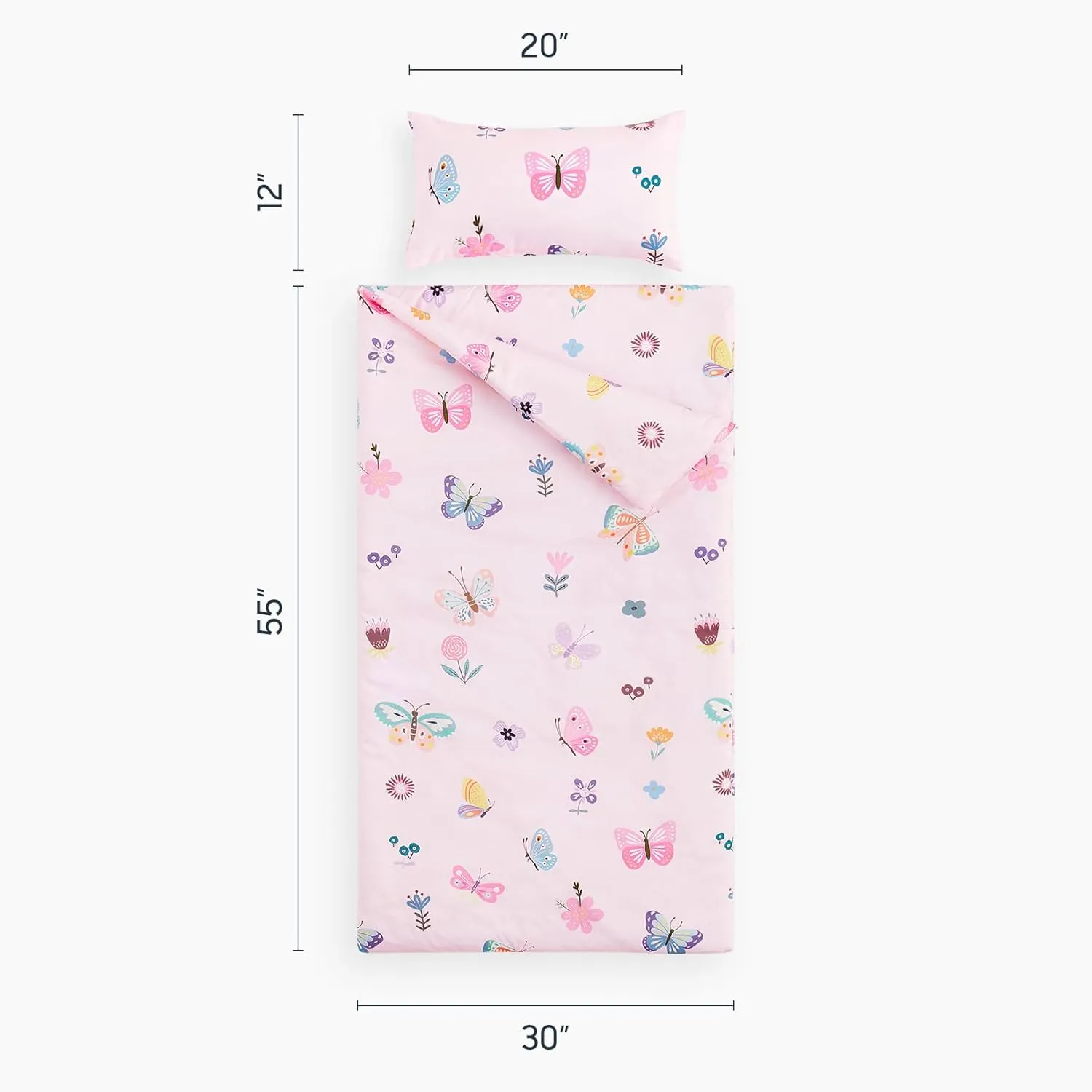 Wake In Cloud - Sleeping Bag for Kids Toddlers, Portable Compact Lightweight Backpacking Nap Mat with Pillow and Blanket, for Girls, Pink with Butterfly Flowers, 55" x 30"