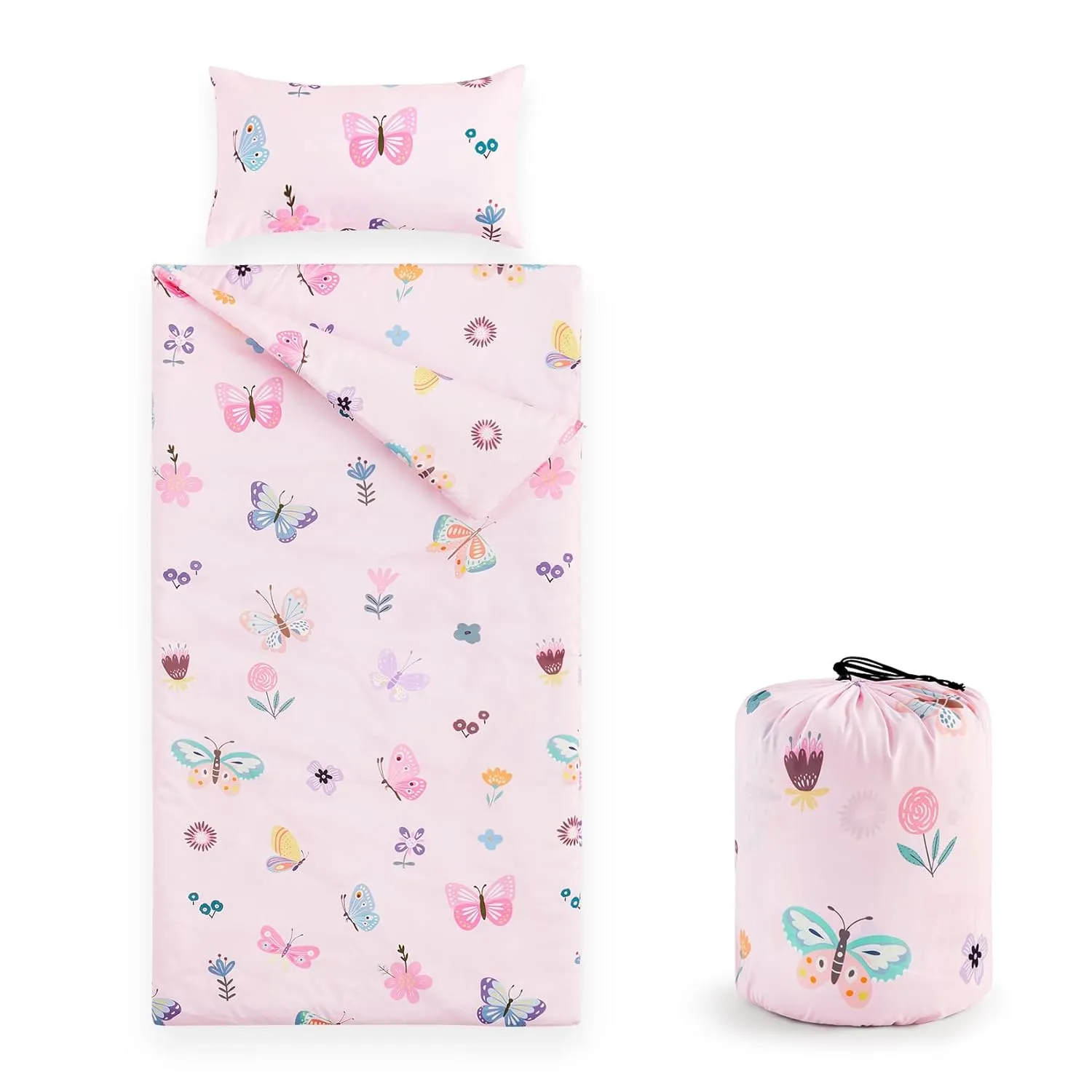 Wake In Cloud - Sleeping Bag for Kids Toddlers, Portable Compact Lightweight Backpacking Nap Mat with Pillow and Blanket, for Girls, Pink with Butterfly Flowers, 55" x 30"