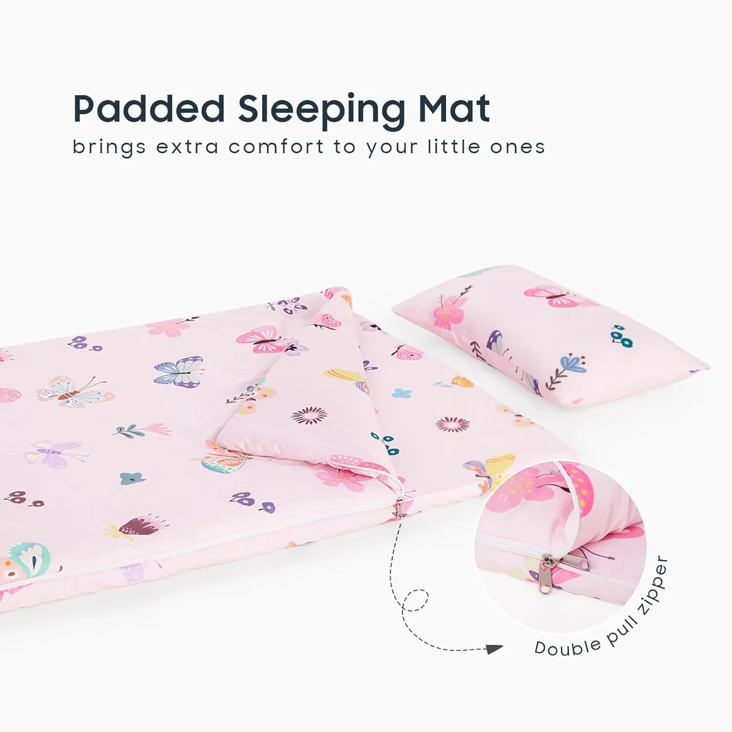 Wake In Cloud - Sleeping Bag for Kids Toddlers, Portable Compact Lightweight Backpacking Nap Mat with Pillow and Blanket, for Girls, Pink with Butterfly Flowers, 55" x 30"