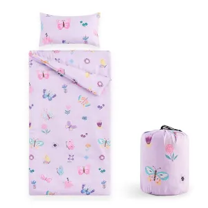 Wake In Cloud - Sleeping Bag for Kids Toddlers, Portable Compact Lightweight Backpacking Nap Mat with Pillow and Blanket, for Girls, Purple with Butterfly Flowers, 55" x 30"