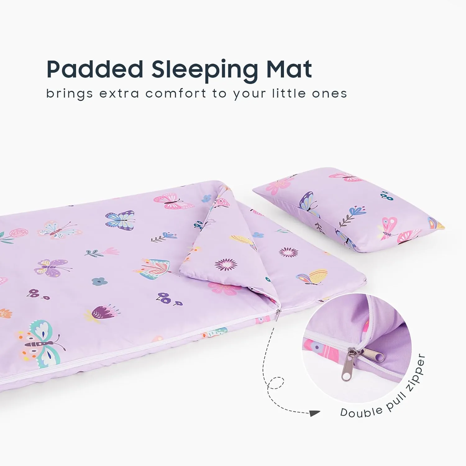 Wake In Cloud - Sleeping Bag for Kids Toddlers, Portable Compact Lightweight Backpacking Nap Mat with Pillow and Blanket, for Girls, Purple with Butterfly Flowers, 55" x 30"