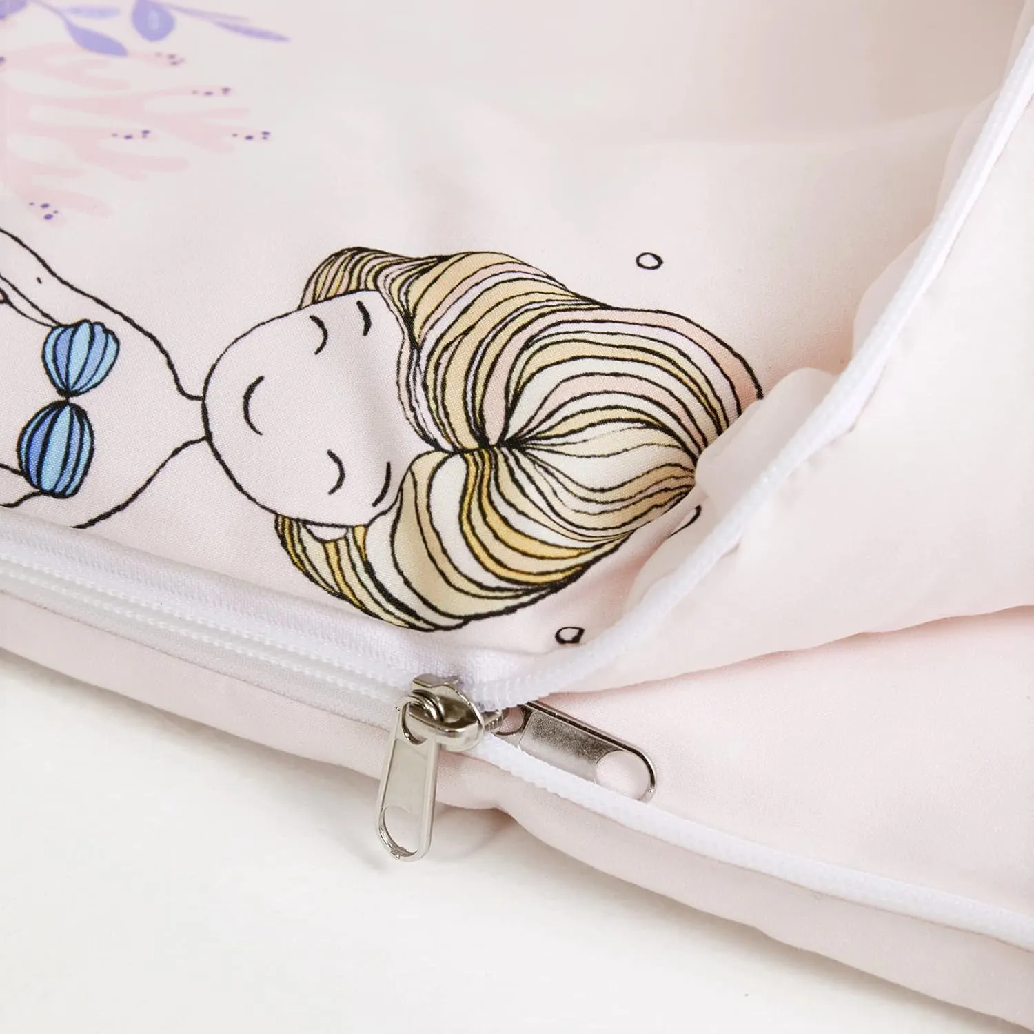 Wake In Cloud - Sleeping Bag Zippered, Nap Mat with Matching Pillow for Kids Boys Girls Sleepover Overnight Travel Slumber Bag, Mermaids on Light Pink, 100% Soft Microfiber