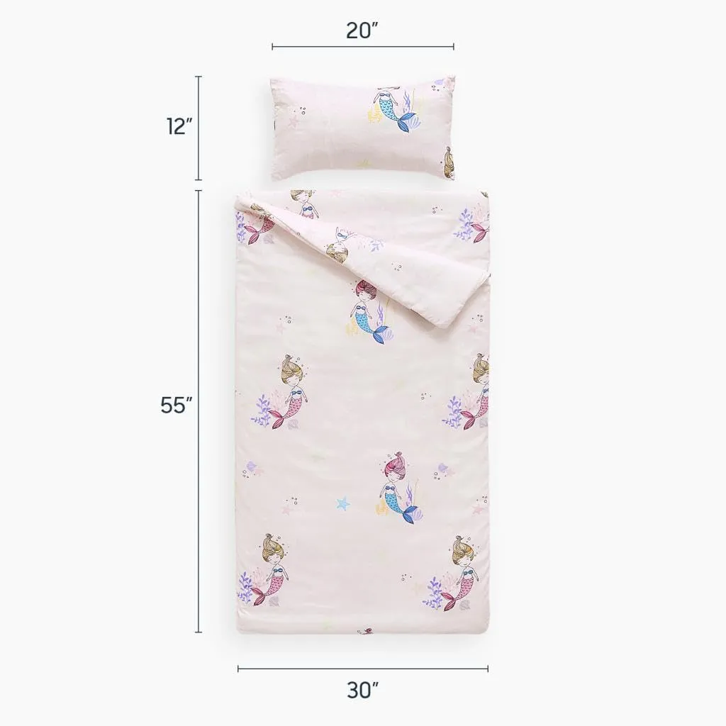 Wake In Cloud - Sleeping Bag Zippered, Nap Mat with Matching Pillow for Kids Boys Girls Sleepover Overnight Travel Slumber Bag, Mermaids on Light Pink, 100% Soft Microfiber