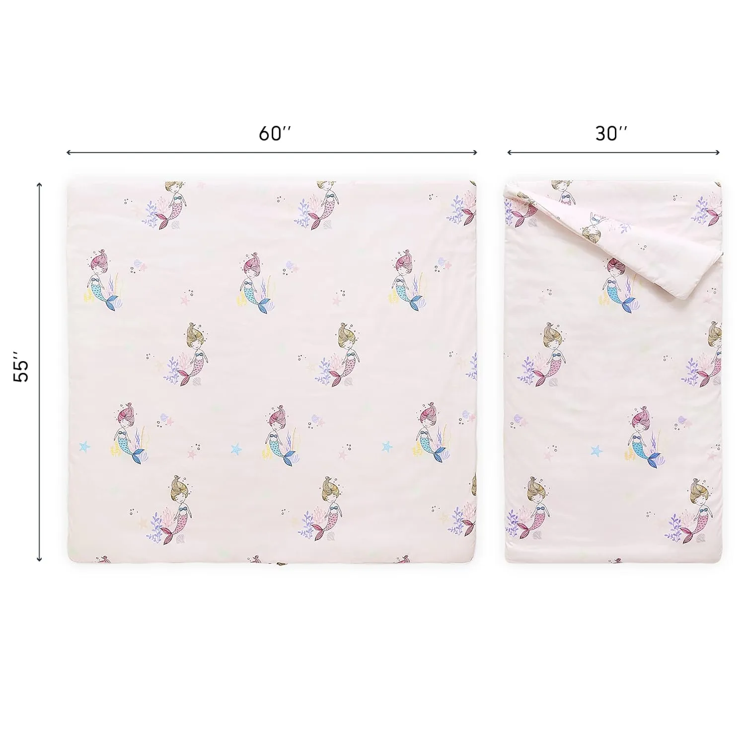 Wake In Cloud - Sleeping Bag Zippered, Nap Mat with Matching Pillow for Kids Boys Girls Sleepover Overnight Travel Slumber Bag, Mermaids on Light Pink, 100% Soft Microfiber