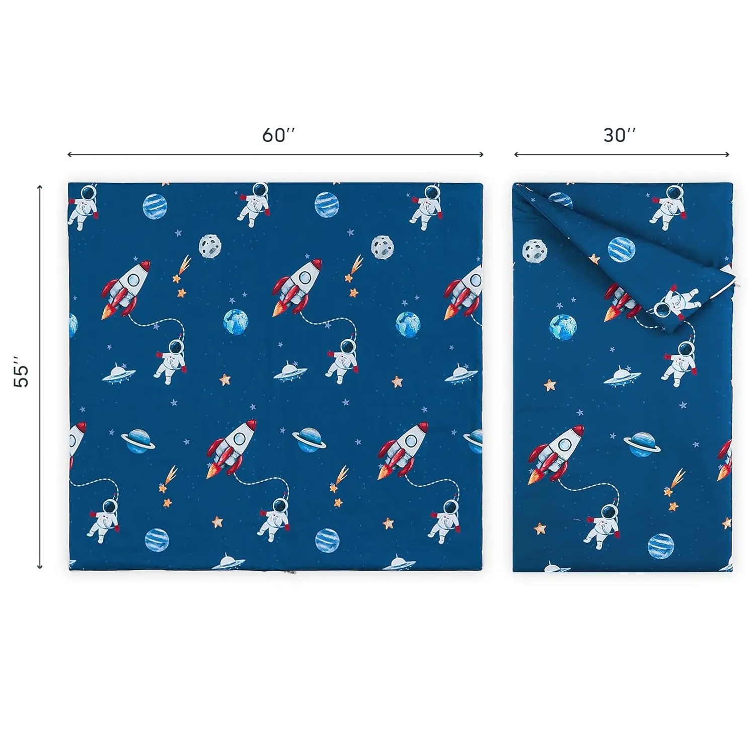 Wake In Cloud - Sleeping Bag Zippered, Nap Mat with Matching Pillow for Kids Boys Girls Sleepover Overnight Travel Slumber Bag, Rockets Space Planet Astronauts on Navy Blue, 100% Soft Microfiber