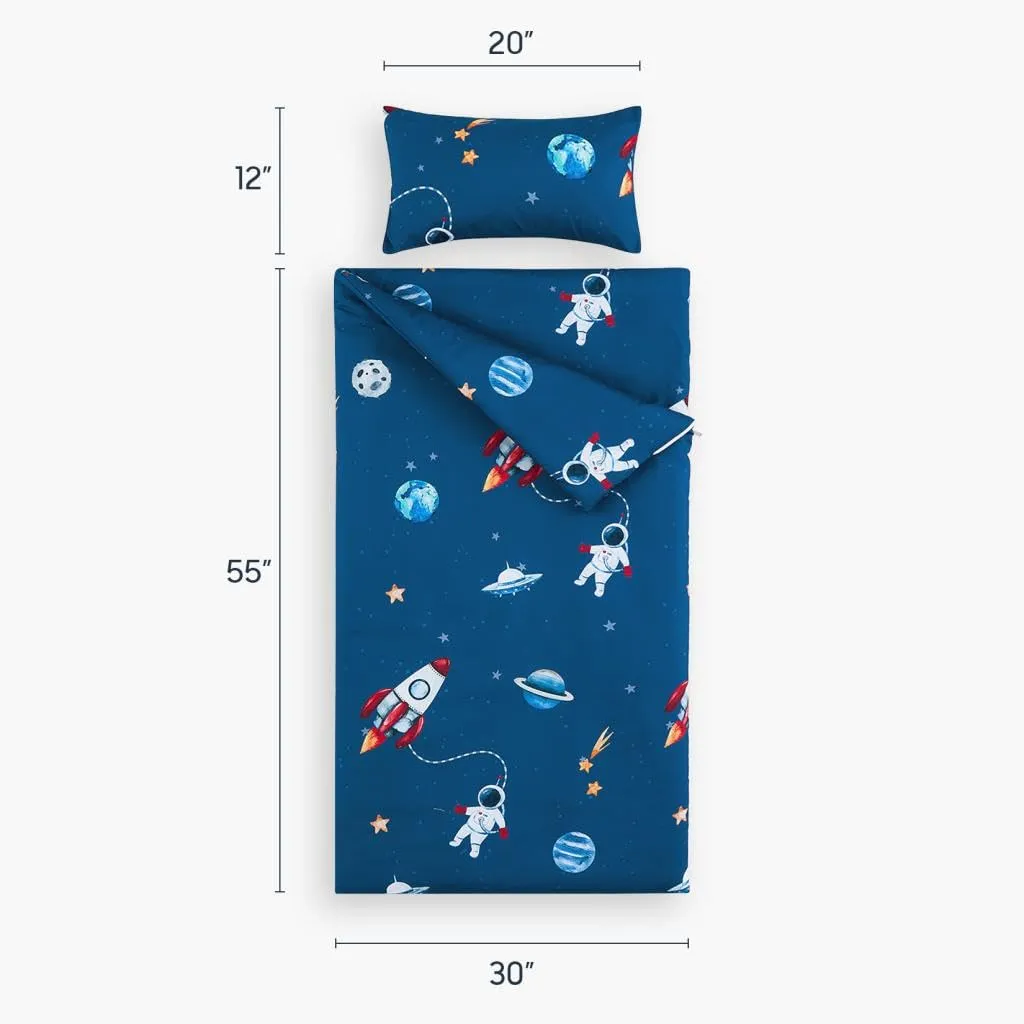Wake In Cloud - Sleeping Bag Zippered, Nap Mat with Matching Pillow for Kids Boys Girls Sleepover Overnight Travel Slumber Bag, Rockets Space Planet Astronauts on Navy Blue, 100% Soft Microfiber