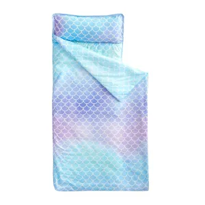 Wake In Cloud - Toddler Nap Mat with Pillow and Blanket, for Kids Girls in Kindergarten Daycare Preschool Pre K, Roll Up Sleeping Bag, Cute Colorful Mermaids, Purple Blue, Extra Long