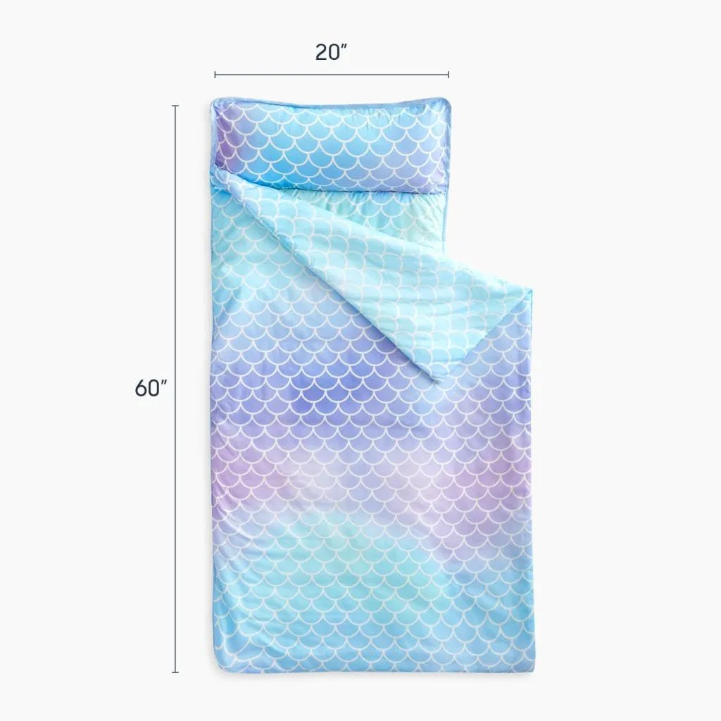 Wake In Cloud - Toddler Nap Mat with Pillow and Blanket, for Kids Girls in Kindergarten Daycare Preschool Pre K, Roll Up Sleeping Bag, Cute Colorful Mermaids, Purple Blue, Extra Long