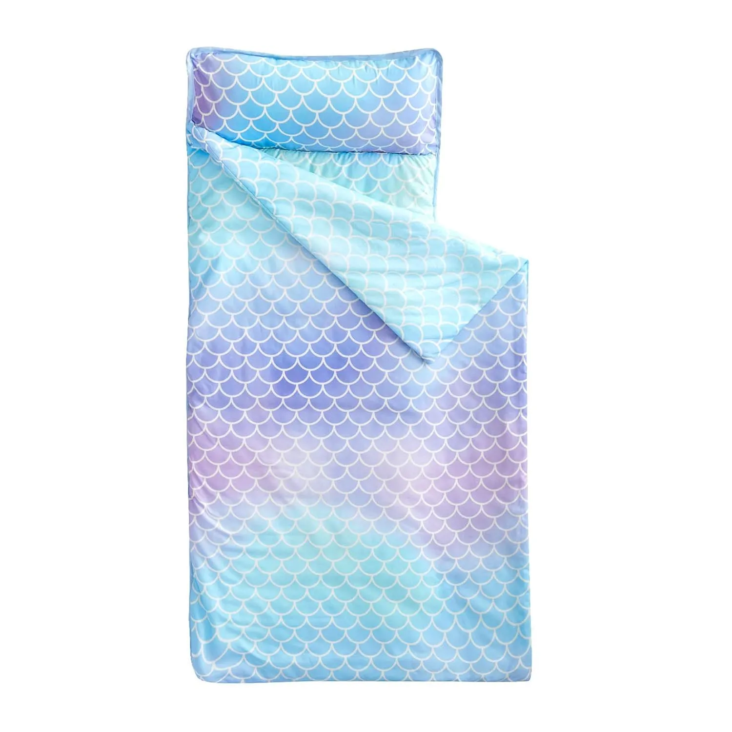 Wake In Cloud - Toddler Nap Mat with Pillow and Blanket, for Kids Girls in Kindergarten Daycare Preschool Pre K, Roll Up Sleeping Bag, Cute Colorful Mermaids, Purple Blue, Extra Long
