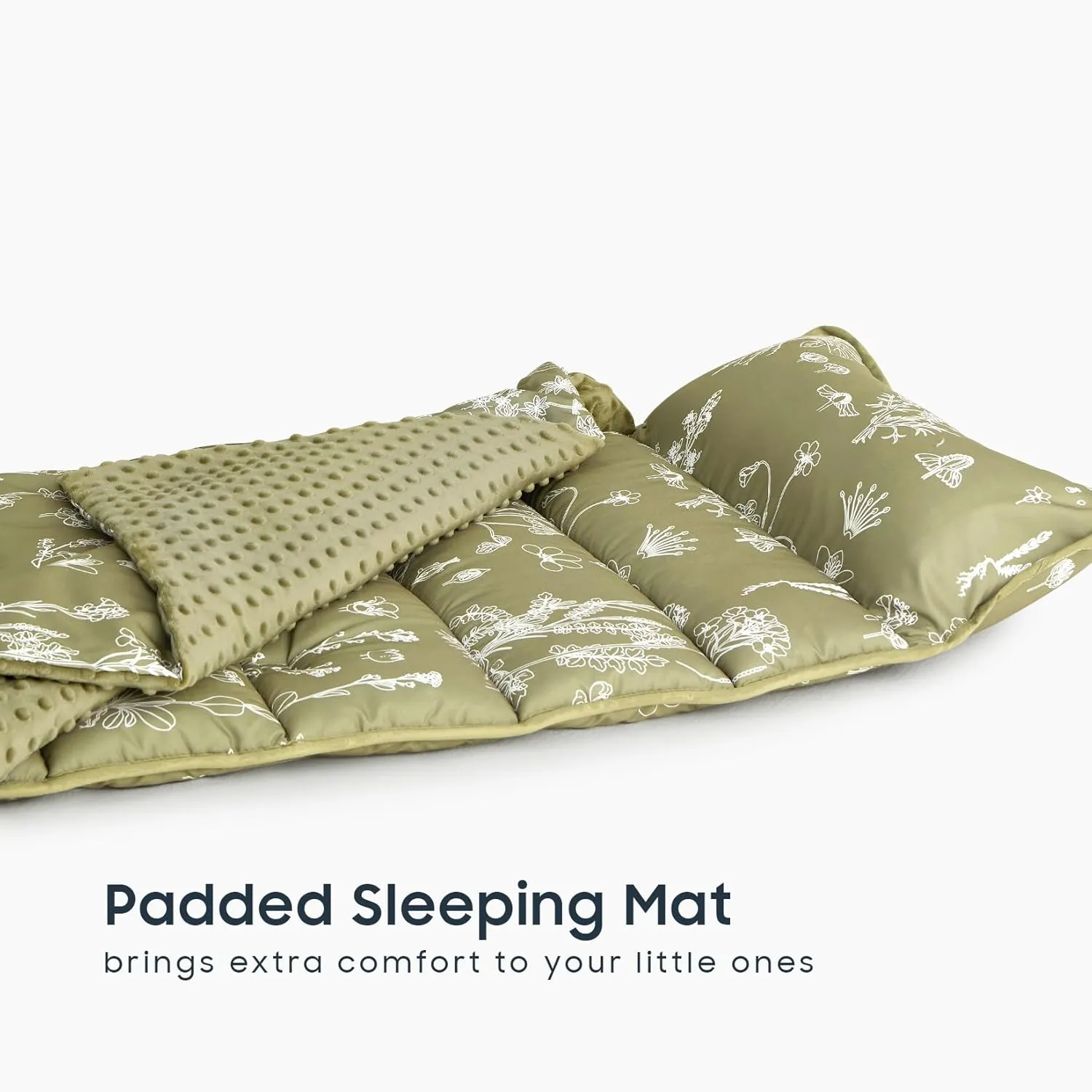 Wake In Cloud - Toddler Nap Mat with Pillow and Minky Fleece Blanket, for Kids Boys Girls in Daycare Preschool Kindergarten, Roll Up Sleeping Bag, Botanical Olive Green, Standard Size