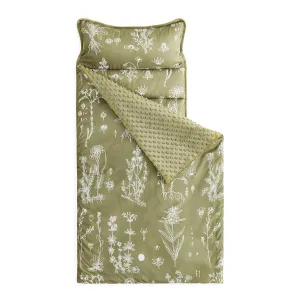 Wake In Cloud - Toddler Nap Mat with Pillow and Minky Fleece Blanket, for Kids Boys Girls in Daycare Preschool Kindergarten, Roll Up Sleeping Bag, Botanical Olive Green, Standard Size