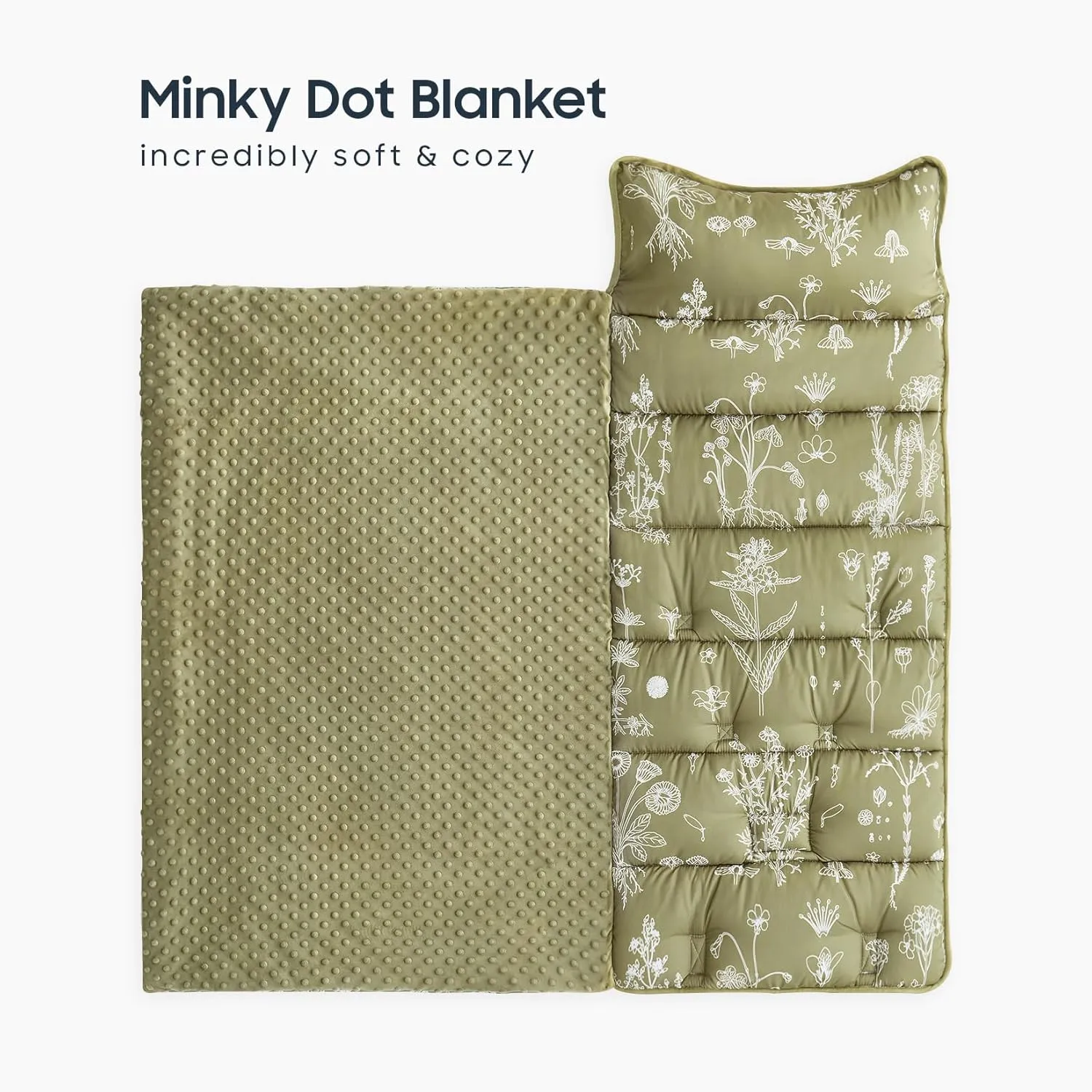 Wake In Cloud - Toddler Nap Mat with Pillow and Minky Fleece Blanket, for Kids Boys Girls in Daycare Preschool Kindergarten, Roll Up Sleeping Bag, Botanical Olive Green, Standard Size