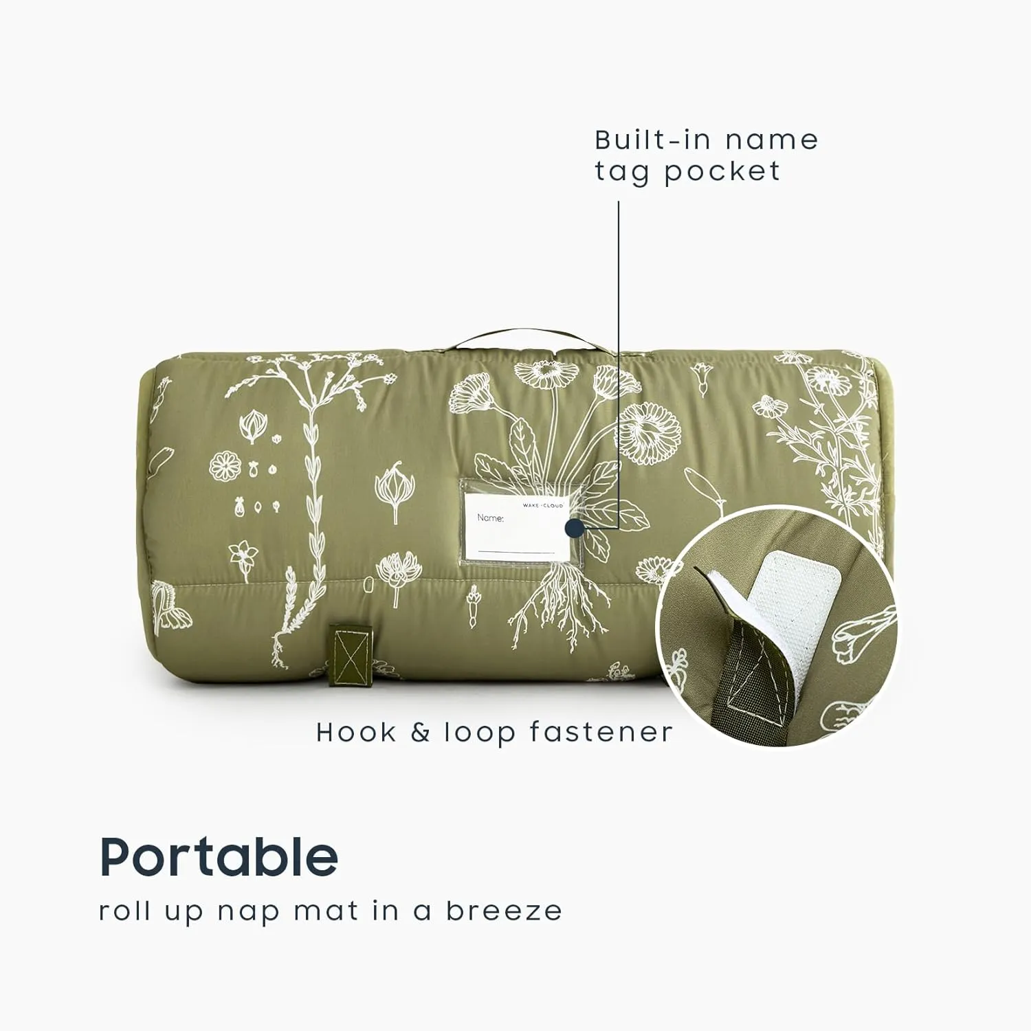 Wake In Cloud - Toddler Nap Mat with Pillow and Minky Fleece Blanket, for Kids Boys Girls in Daycare Preschool Kindergarten, Roll Up Sleeping Bag, Botanical Olive Green, Standard Size
