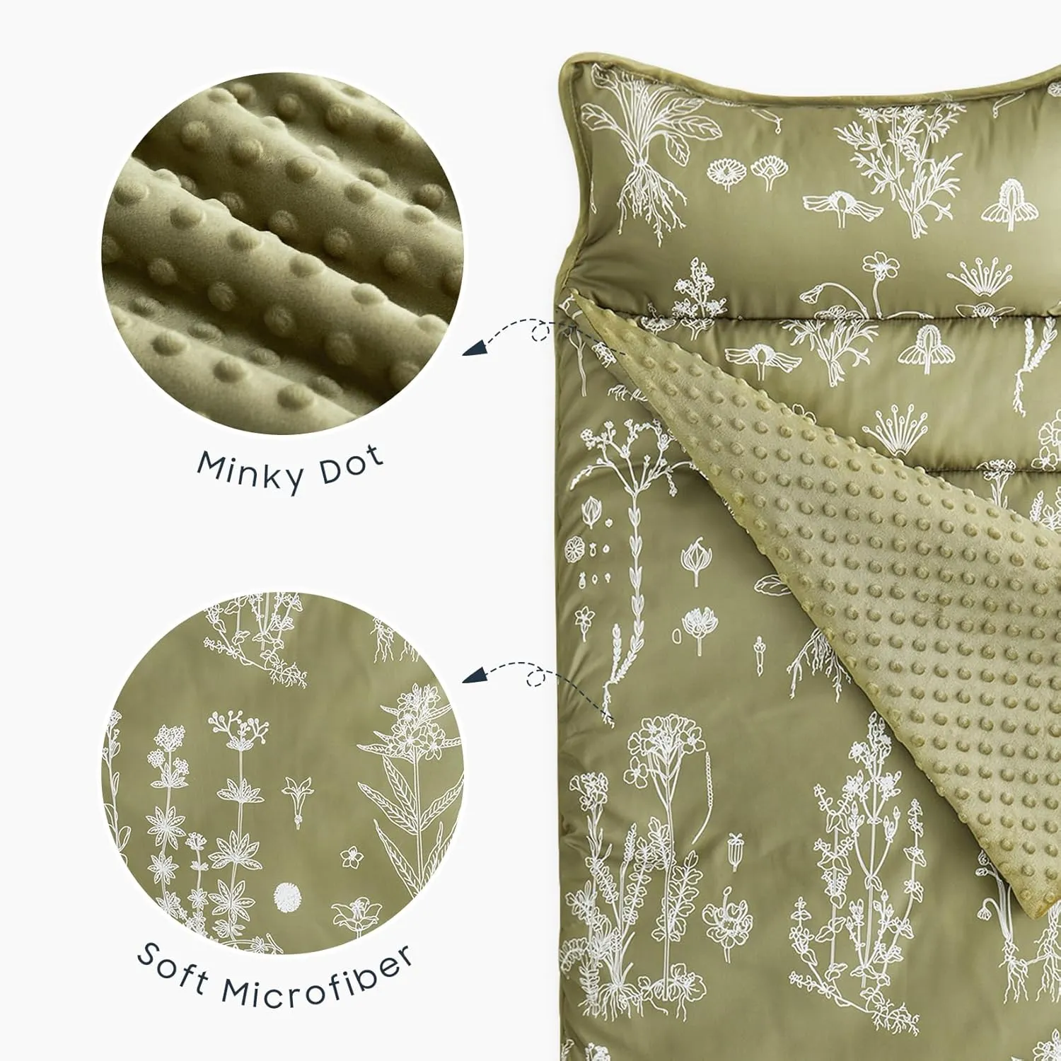 Wake In Cloud - Toddler Nap Mat with Pillow and Minky Fleece Blanket, for Kids Boys Girls in Daycare Preschool Kindergarten, Roll Up Sleeping Bag, Botanical Olive Green, Standard Size
