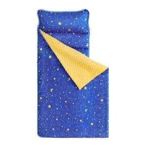 Wake In Cloud - Toddler Nap Mat with Pillow and Minky Fleece Blanket, for Kids Boys Girls in Daycare Preschool Kindergarten, Roll Up Sleeping Bag, Constellation Galaxy Blue, Standard Size