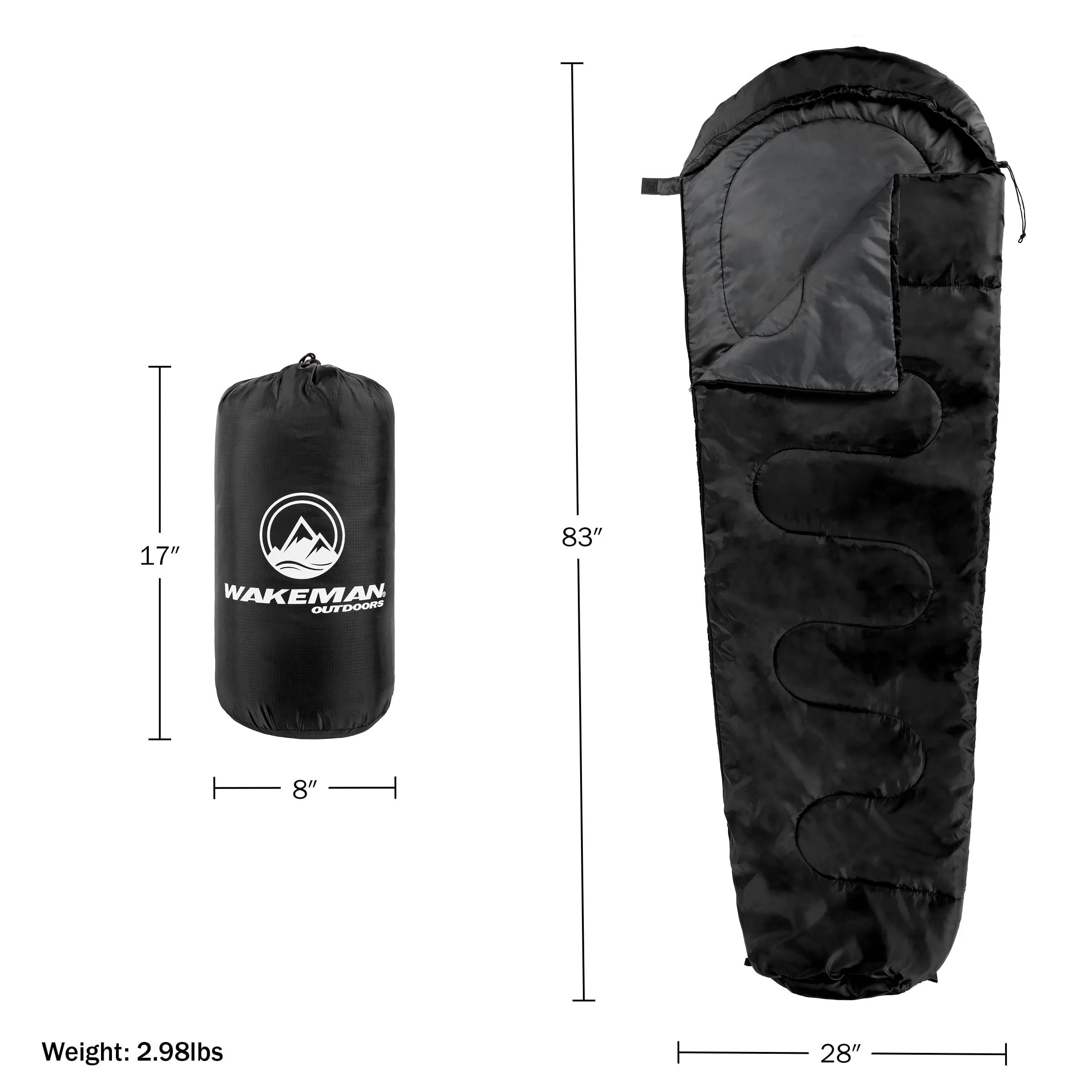Wakeman Outdoors Cold Weather Mummy Sleeping Bag Rated to 10°F, Black