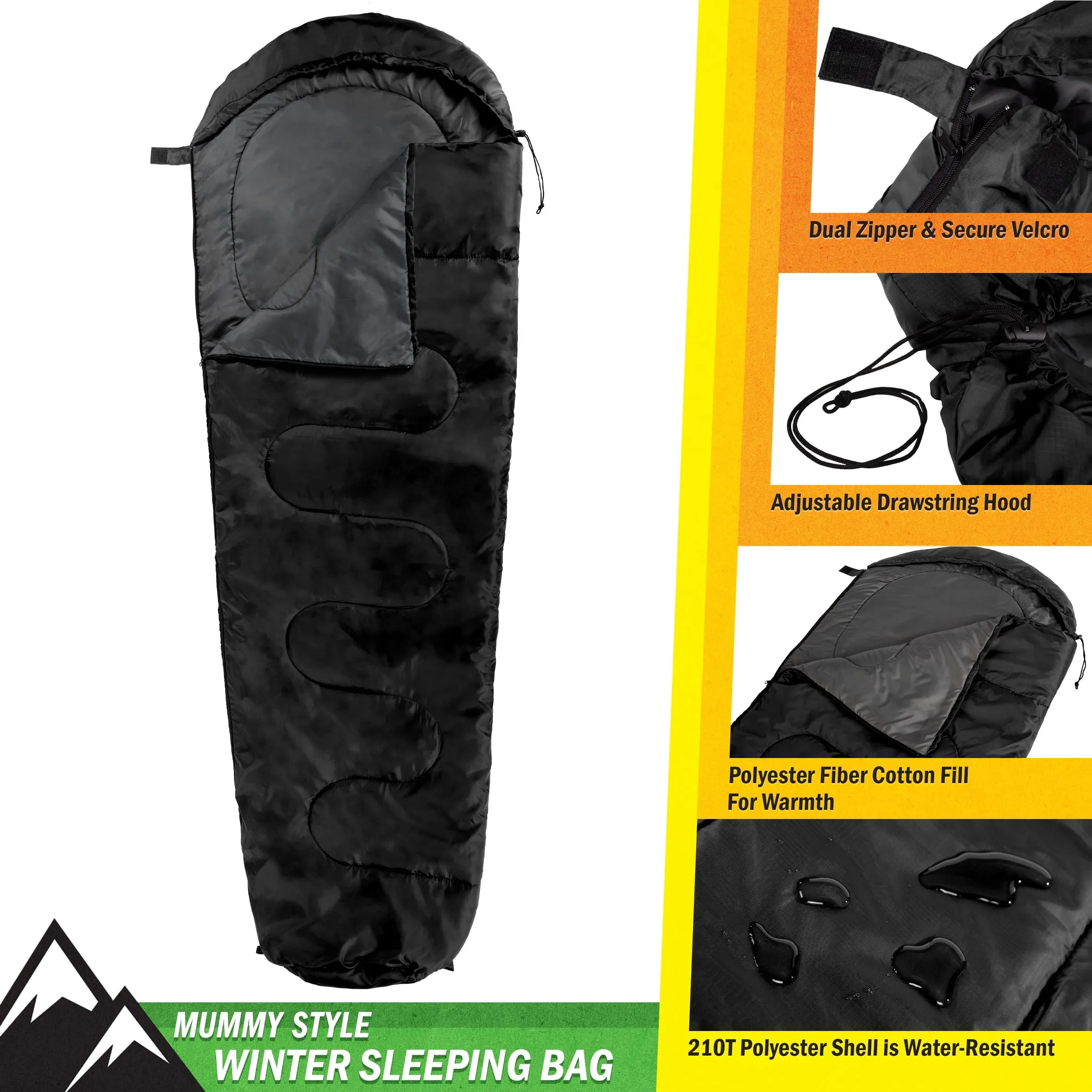 Wakeman Outdoors Cold Weather Mummy Sleeping Bag Rated to 10°F, Black