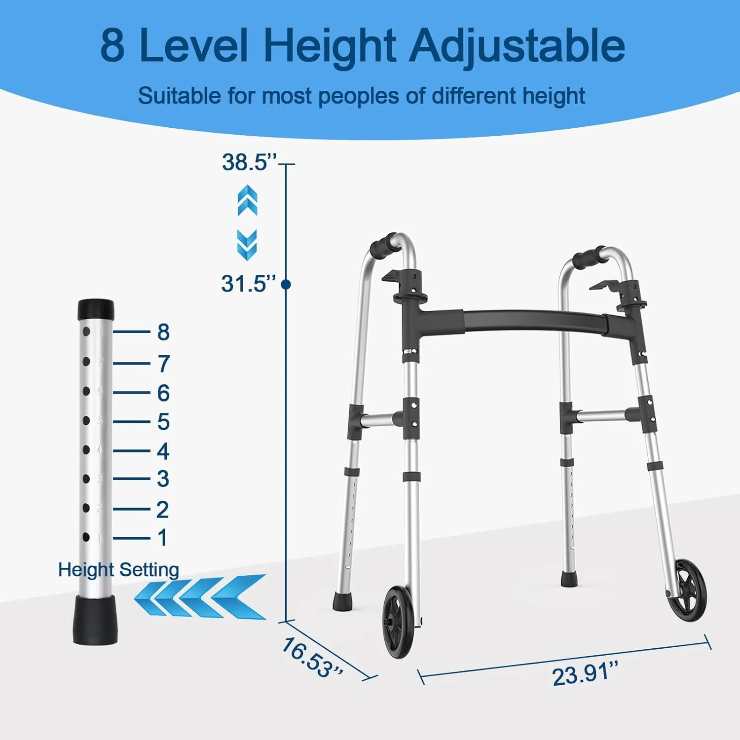 Walkers for Seniors, FSA/HSA Eligible Folding Walker with Ski Glides 5'' Front Wheel Medical Lightweight Walker Height Adjustable Aluminum Standard Walker for Handicap and Adults (Silver)